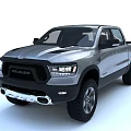 Silver RAM Crew Cab Pickup Truck With Modern Front Grille And Off Road Tires