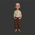 Cartoon Character With Bald Head Beige Top Brown Pants Red Sash Sandals Gray Background