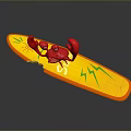 Red Crab Riding On Yellow Surfboard With Green Lightning Patterns And Sun Design