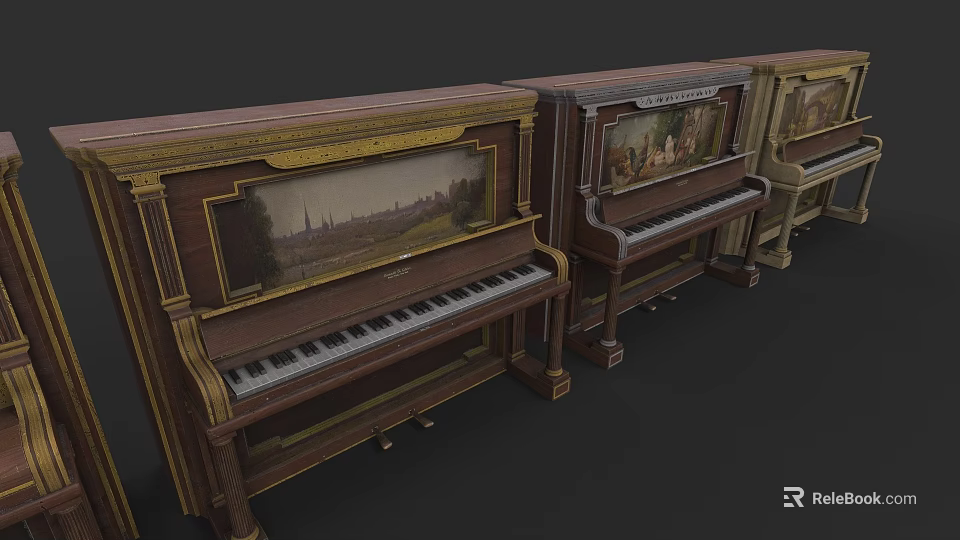Vintage Wooden Pianos Collection With Ornate Carvings And Artwork Details 3d model 