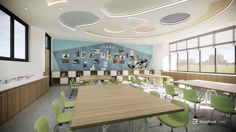 Modern School Classroom Interior With Wooden Tables Green Chairs Photo Poster Wall And Large Windows 3d model 