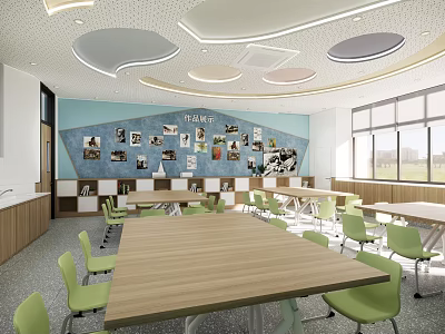Modern School Classroom Interior With Wooden Tables Green Chairs Photo Poster Wall And Large Windows 3d model