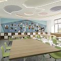 Modern School Classroom Interior With Wooden Tables Green Chairs Photo Poster Wall And Large Windows