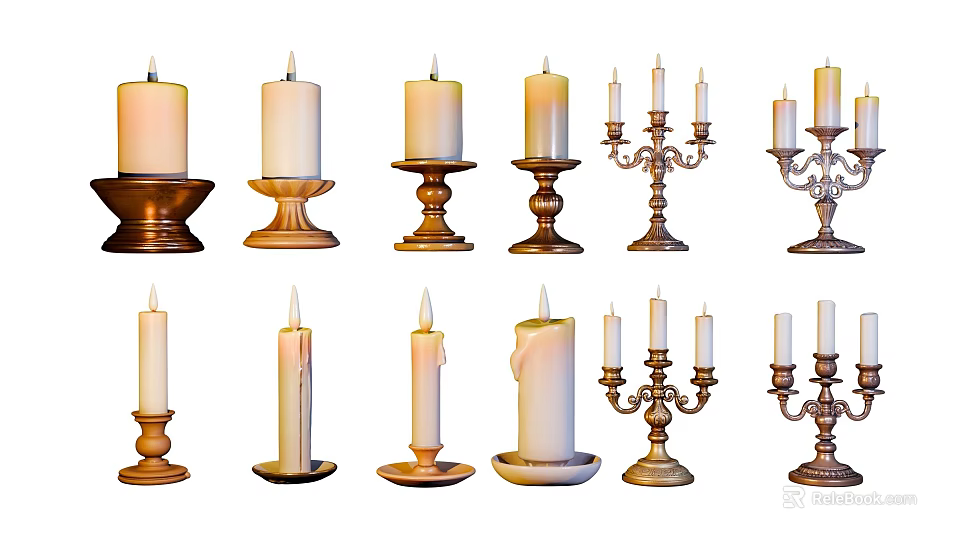 Decorative Candles With Single And Multiple Wooden Metal Candle Holders 3d model 