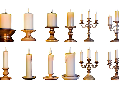 Decorative Candles With Single And Multiple Wooden Metal Candle Holders 3d model