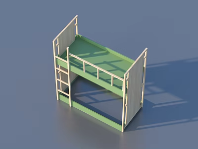 Wooden Bunk Bed With Green Bed Board Ladder And Safety Rail 3d model