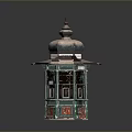 Vintage Hexagonal Lantern With Decorative Green Red Yellow Glass Panels And Spire Top