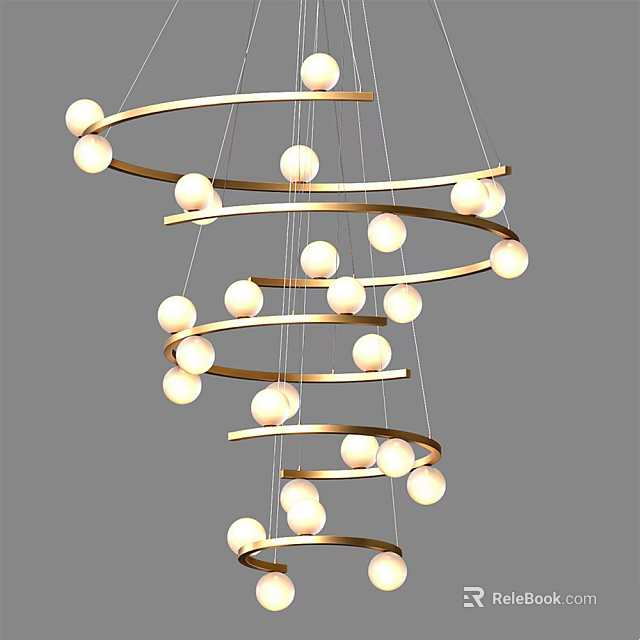 Elegant Modern Spiral Chandelier With Golden Metal Rings And Round Bulbs 3d model 
