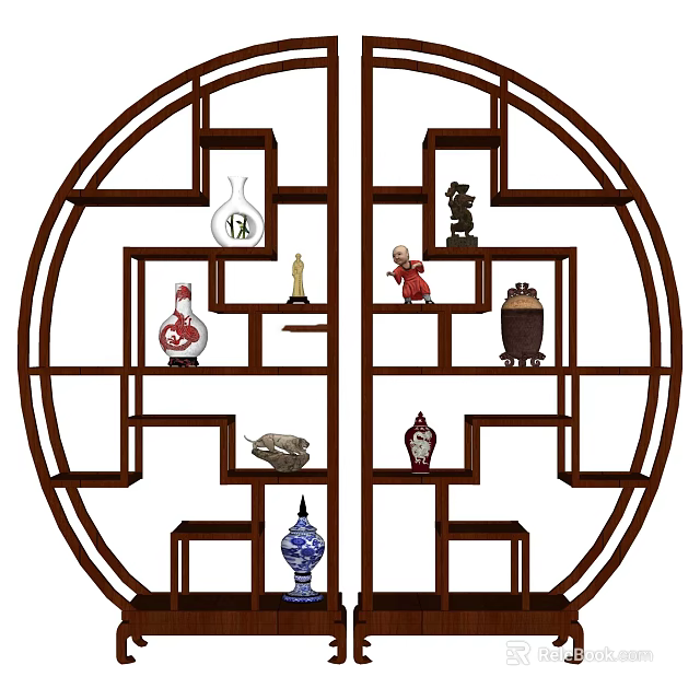 Wooden Circular Bogu Shelf Displaying Vases Statues and Pottery Artworks 3d model 