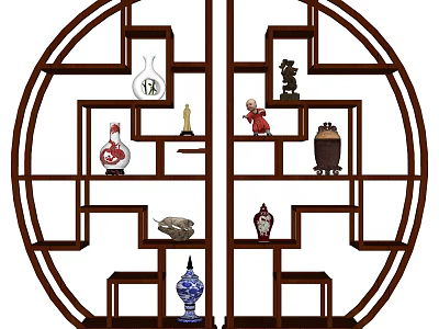 Wooden Circular Bogu Shelf Displaying Vases Statues and Pottery Artworks 3d model