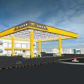 Gas Station With Yellow Canopy Fuel Pumps Signpost And Parking Area