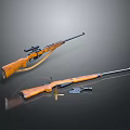 Vintage Rifles With Wooden Stocks Scope Long Barrel And Bullets