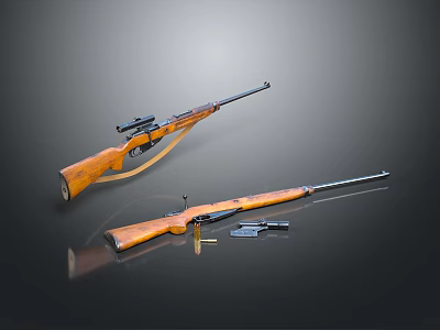 Vintage Rifles With Wooden Stocks Scope Long Barrel And Bullets 3d model