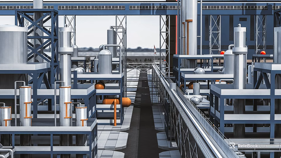 Industrial Plant Facility With Metal Structures Pipes Large Equipment And Platforms 3d model 