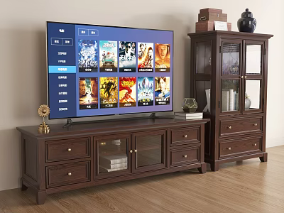 Wooden TV Stand With Drawers Glass Doors And Matching Cabinet With Decorative Items 3d model