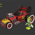 Red Cartoon Car Featuring Mickey Mouse Ears Number 28 And Toy Figure