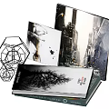 Elegant Modern Decorative Ornament Set With Geometric Sculptures Art Books And Tabletop