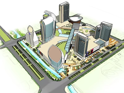 Modern Commercial Complex with Tall Buildings Central Plaza Water Features and Landscaped Areas 3d model