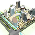 Modern Commercial Complex with Tall Buildings Central Plaza Water Features and Landscaped Areas