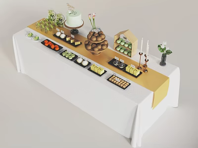 Dessert Shop Assorted Treats Display Table with Cake Bread Fruits Pastries and Green Decor 3d model