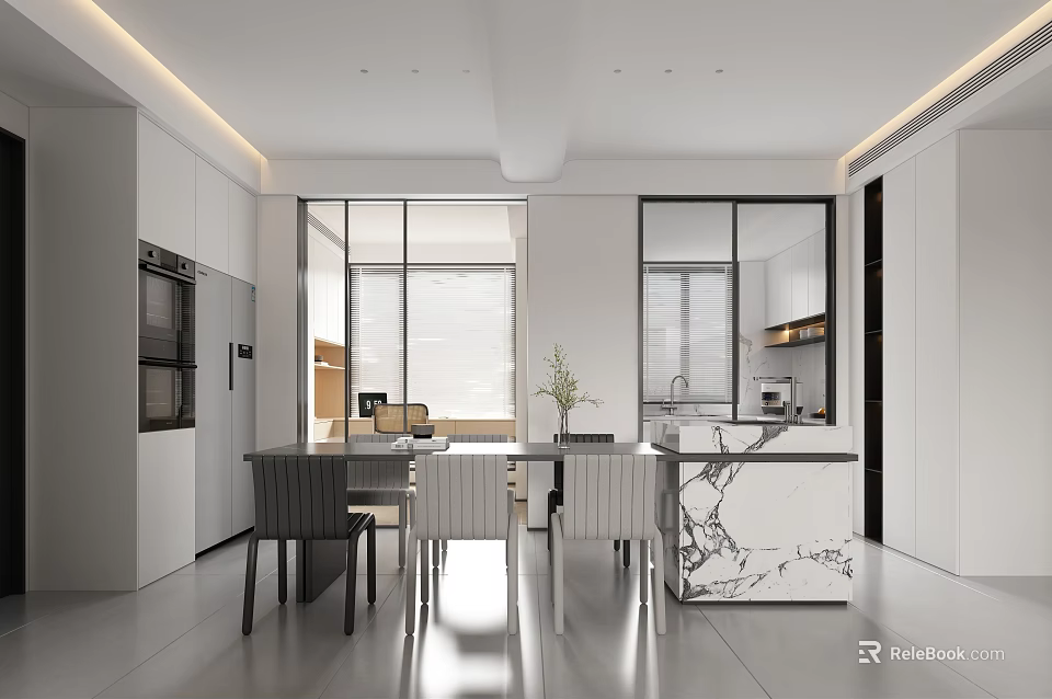 Modern Restaurant Interior Design With Open Layout Marble Dining Table And Hanging Lights 3d model