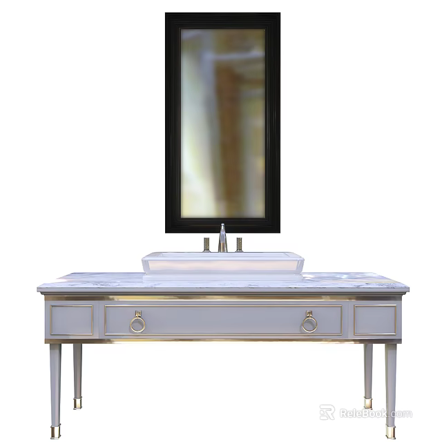 Elegant Bathroom Vanity With Marble Countertop Wall Mirror And Metal Handle Drawers 3d model 
