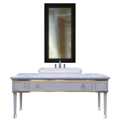 Elegant Bathroom Vanity With Marble Countertop Wall Mirror And Metal Handle Drawers 3d model