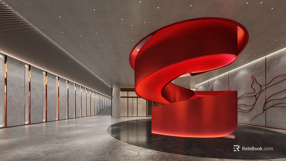 Modern Hotel Lobby Interior With Red Spiral Staircase And Ceiling Lights 3d model