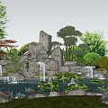Garden Rockery Stones Landscape With Pond Water Lilies Fish And Green Trees Design