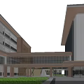 Modern School Buildings On Green Campus With Blue Sky And Lawn Area