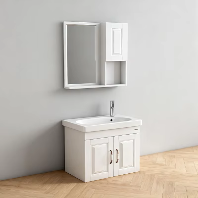 Modern White Bathroom Vanity With Mirror Cabinet And Faucet On Light Gray Wall 3d model
