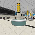 Spacious Service Hall Interior With Yellow Pillars White Waiting Chairs And Information Screens