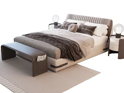 Double Bed With Striped Headboard Multiple Pillows Dark Blanket Nightstands Table Lamps Bench And Rug 3d model