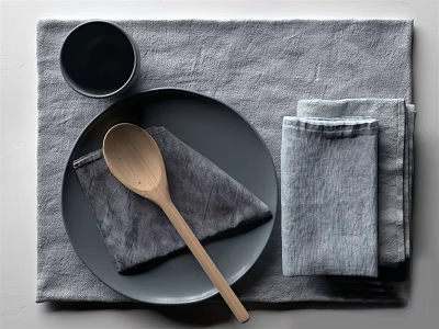 Minimalist Tableware Set with Grey Placemat Black Bowl Dark Plate Wooden Spoon and Grey Napkins 3d model