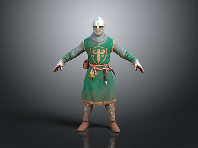Man Dressed As Medieval Knight In Green Robe With Helmet And Cross Emblem 3d model