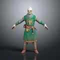 Man Dressed As Medieval Knight In Green Robe With Helmet And Cross Emblem