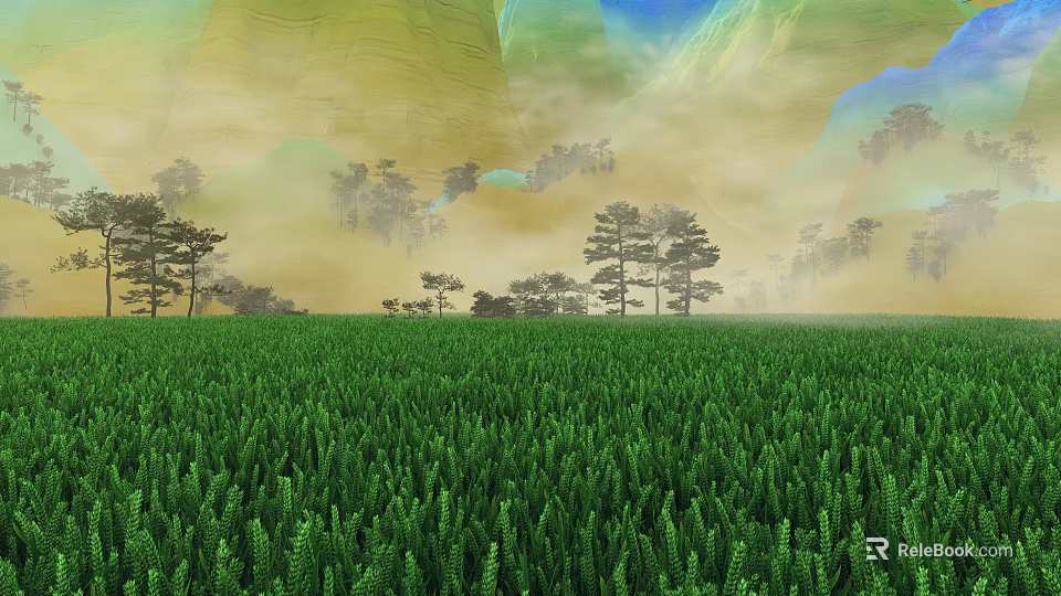 Peaceful Natural Landscape With Lush Green Cropland Misty Pine Trees And Foggy Distant Mountain View 3d model 