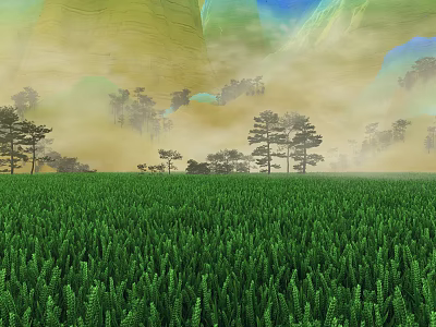 Peaceful Natural Landscape With Lush Green Cropland Misty Pine Trees And Foggy Distant Mountain View 3d model