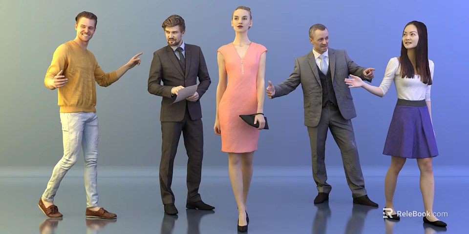 Group of People in Various Attires Posing and Interacting Dynamically 3d model