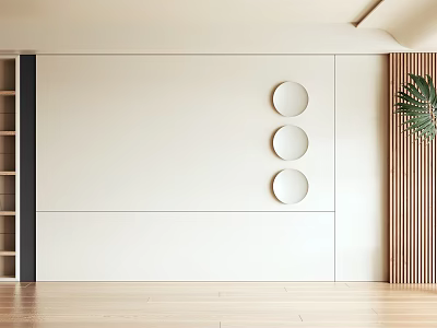 Modern White Background Wall With Three Circular Decorations Wooden Slat And Green Plant Interior 3d model