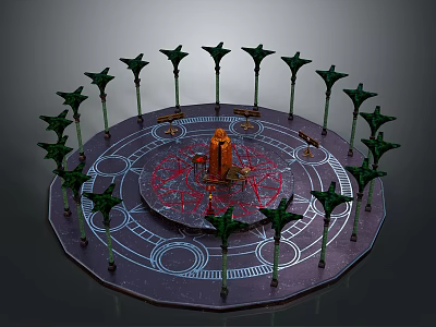 Ornate Circular Platform With Orange Central Structure Green Decorative Pillars And Intricate Floor Patterns 3d model