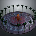 Ornate Circular Platform With Orange Central Structure Green Decorative Pillars And Intricate Floor Patterns 3d model