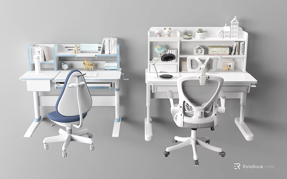 Modern Study Desk With Bookshelf Lamp Chair And Stationery Decorations 3d model 