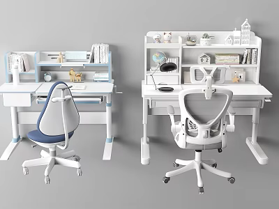 Modern Study Desk With Bookshelf Lamp Chair And Stationery Decorations 3d model