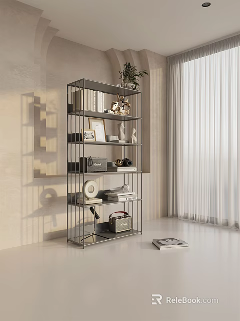 Modern Metal Shelving Unit With Multiple Tiers Books Photo Frames Radio And Decor 3d model 