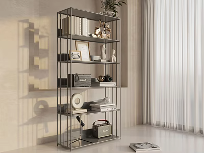 Modern Metal Shelving Unit With Multiple Tiers Books Photo Frames Radio And Decor 3d model