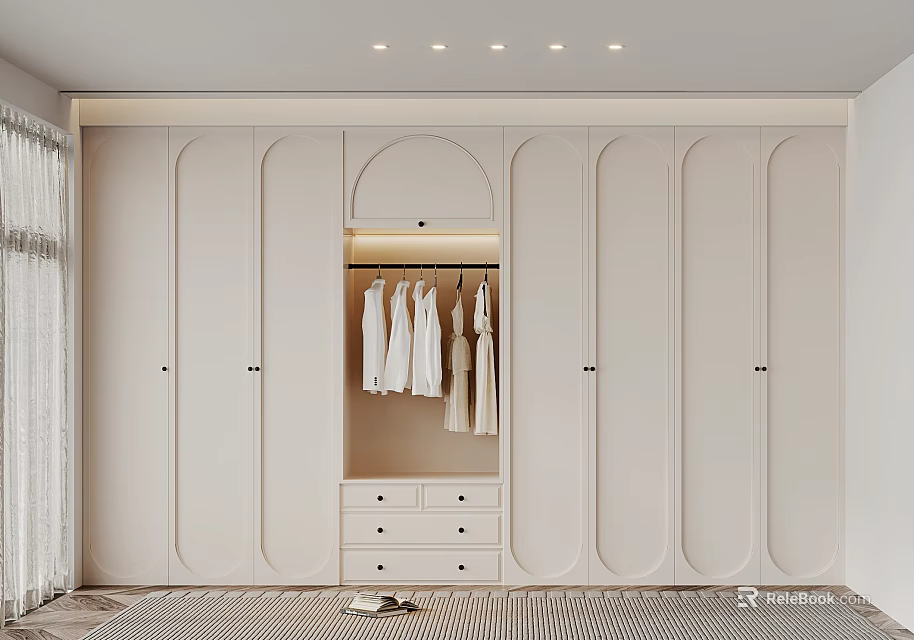 Modern Light Colored Wardrobe Interior Design With Arched Paneled Doors Hanging Area And Drawers 3d model 