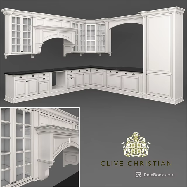 Classic Clive Christian White Kitchen Cabinets With Glass Doors And Decorative Details 3d model 