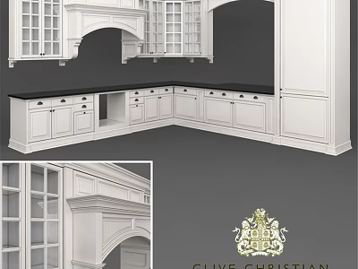 Classic Clive Christian White Kitchen Cabinets With Glass Doors And Decorative Details 3d model