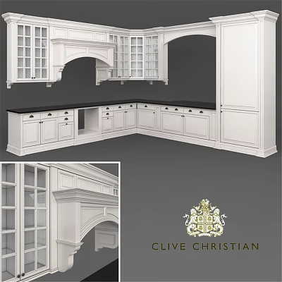 Classic Clive Christian White Kitchen Cabinets With Glass Doors And Decorative Details 3d model